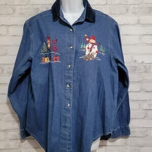 Victoria Jones Christmas Snowman Present Embroidered Denim Button Womens Large